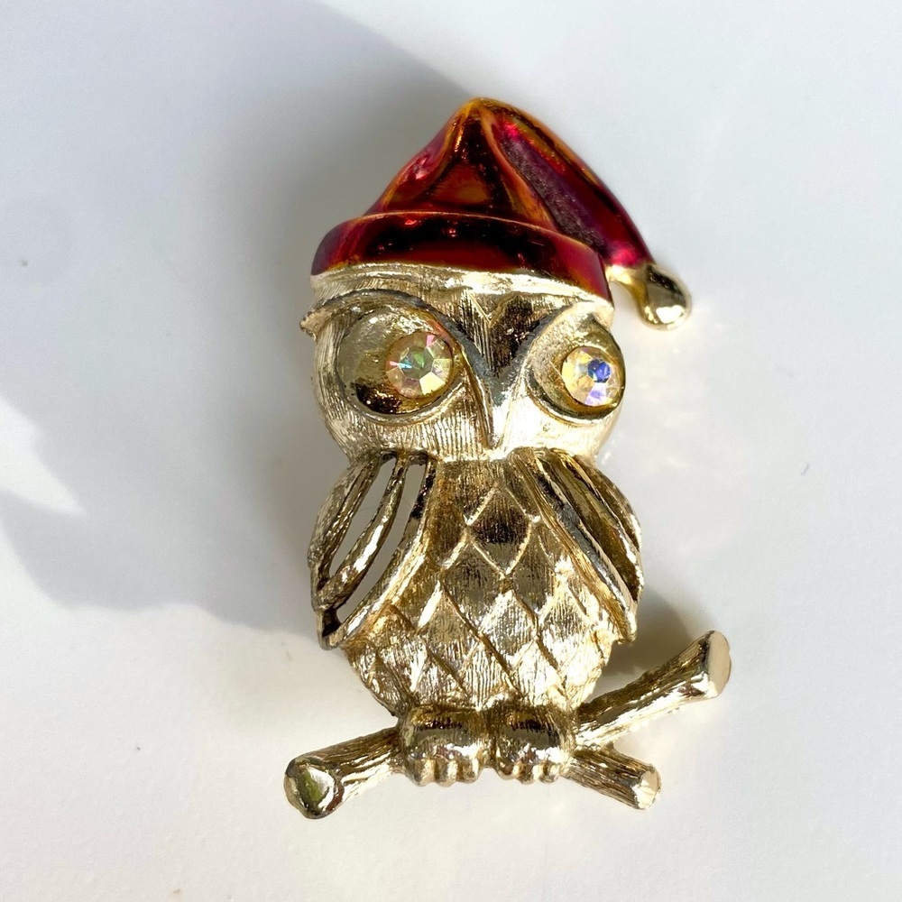 Vintage Signed TANCER II Rhinestone Owl Christmas Brooch Pin - Picture 7 of 7